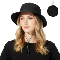 Tucnoeu Bucket Hats for Women - Black Packable Foldable Rain Sun Hat Lightweight Hiking Hat Waterproof Bucket Hats with Detachable Chin Strap
