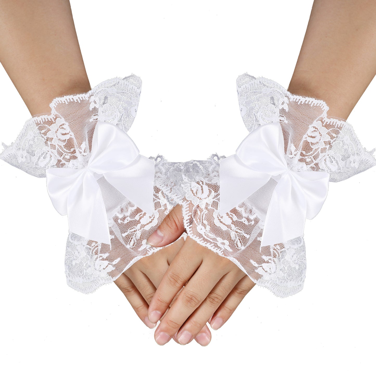 Lace Gloves White Fingerless Bow Tea Party Gloves Short Wedding Gloves for women 80s Wedding Bridesmaids Banquet Dress Halloween Masquerades Prom Cosplay Funeral Gloves
