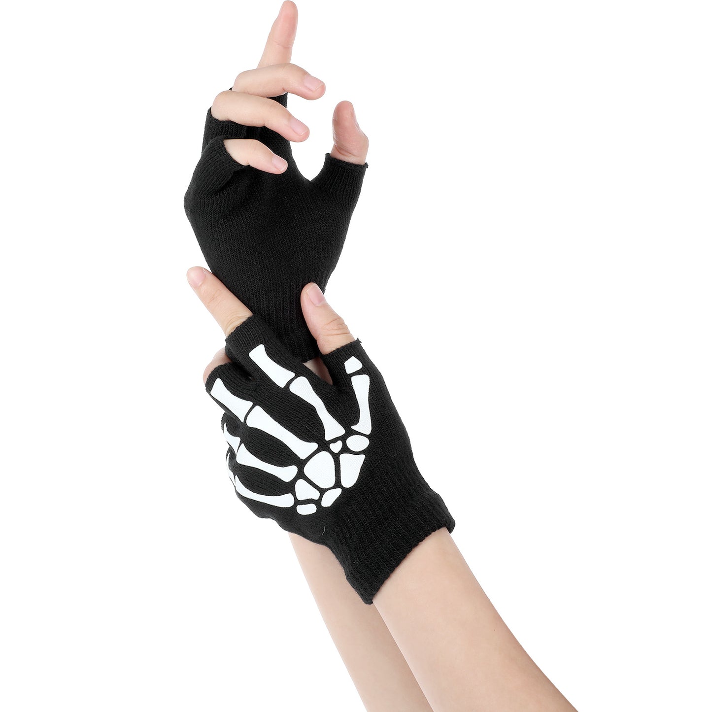 Skeleton Gloves Fingerless Skull Goth Gloves For Men And Women Glow In The Dark Elastic Knitted Hand Warmer Glove Cosplay Halloween Costume Emo Accessories Adults