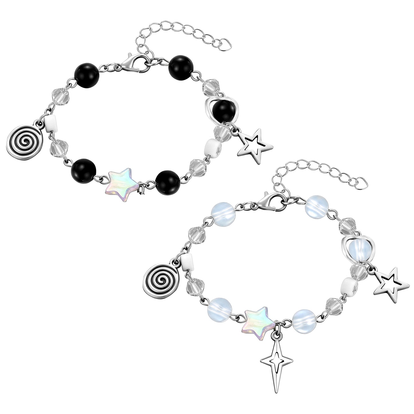 Josojoou Silver Y2K Bracelets, Punk Goth Star Pendant Beaded Bracelet, Aesthetic Grunge Cool Matching Couple Bracelets Friendship Bracelet for Women Men