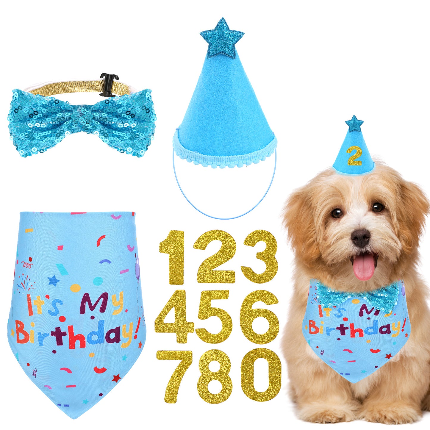 Dog Birthday Bandana Dog Birthday Hat Boy Dogs Party Birthdays Numbers Hat Bow Tie for Pet Puppy Cat Birthdays Party Decorations, Pet Costumes Headwear Accessories(Light Blue D)