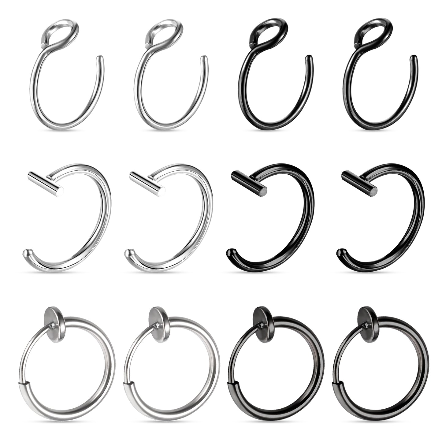 HaiFafafaing 12pcs Fake Nose Ring Non Piercing Clip on Nose Ring Fake Piercings Jewellery Surgical Steel Non Piercing Faux Lip Rings Festival Goth Punk Accessory
