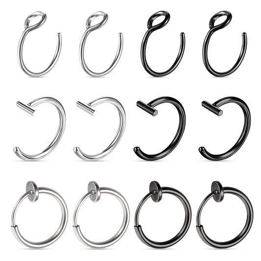 HaiFafafaing 12pcs Fake Nose Ring Non Piercing Clip on Nose Ring Fake Piercings Jewellery Surgical Steel Non Piercing Faux Lip Rings Festival Goth Punk Accessory