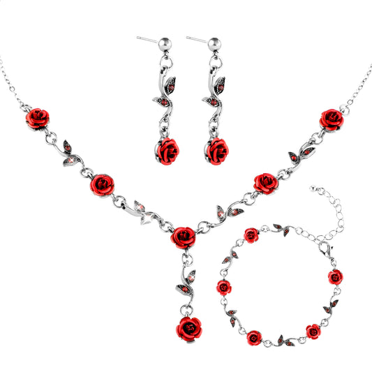Yolev 3Pcs Set Red Rose Jewelry - Rose Flower Pendant Necklace, Bracelet Dangle Earrings.Bracelet Flower Jewelry Dangle Earrings Set For Valentine's Day Mother's Day Gifts Wedding Gifts
