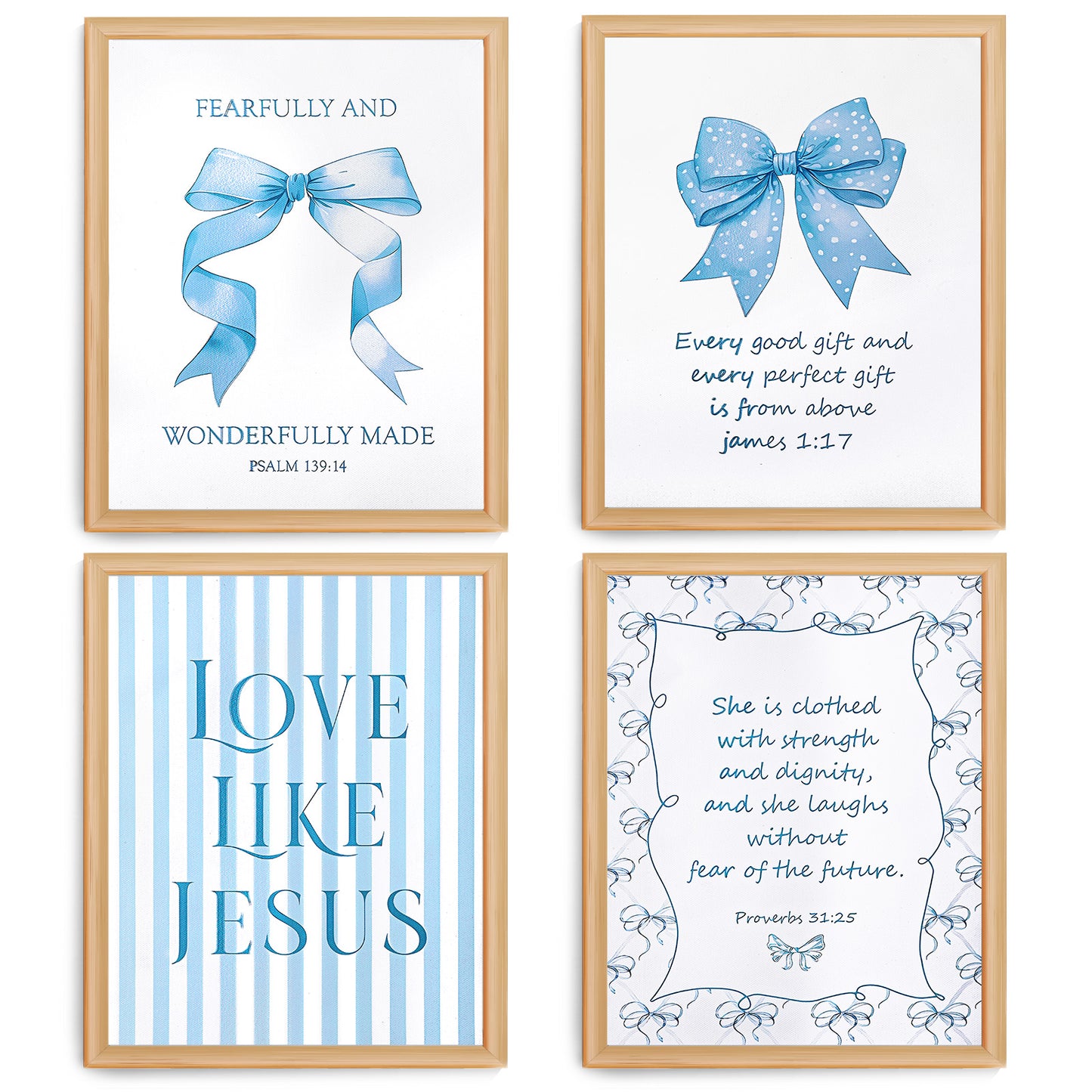 Josojoou 4PCS Blue Bow Jesus Walls Art, Bow Decor Bible Verses Wall Decor, Bows Theme Room Posters, Gifts for College Girls, Inspirational Verses Blue Wall Decors
