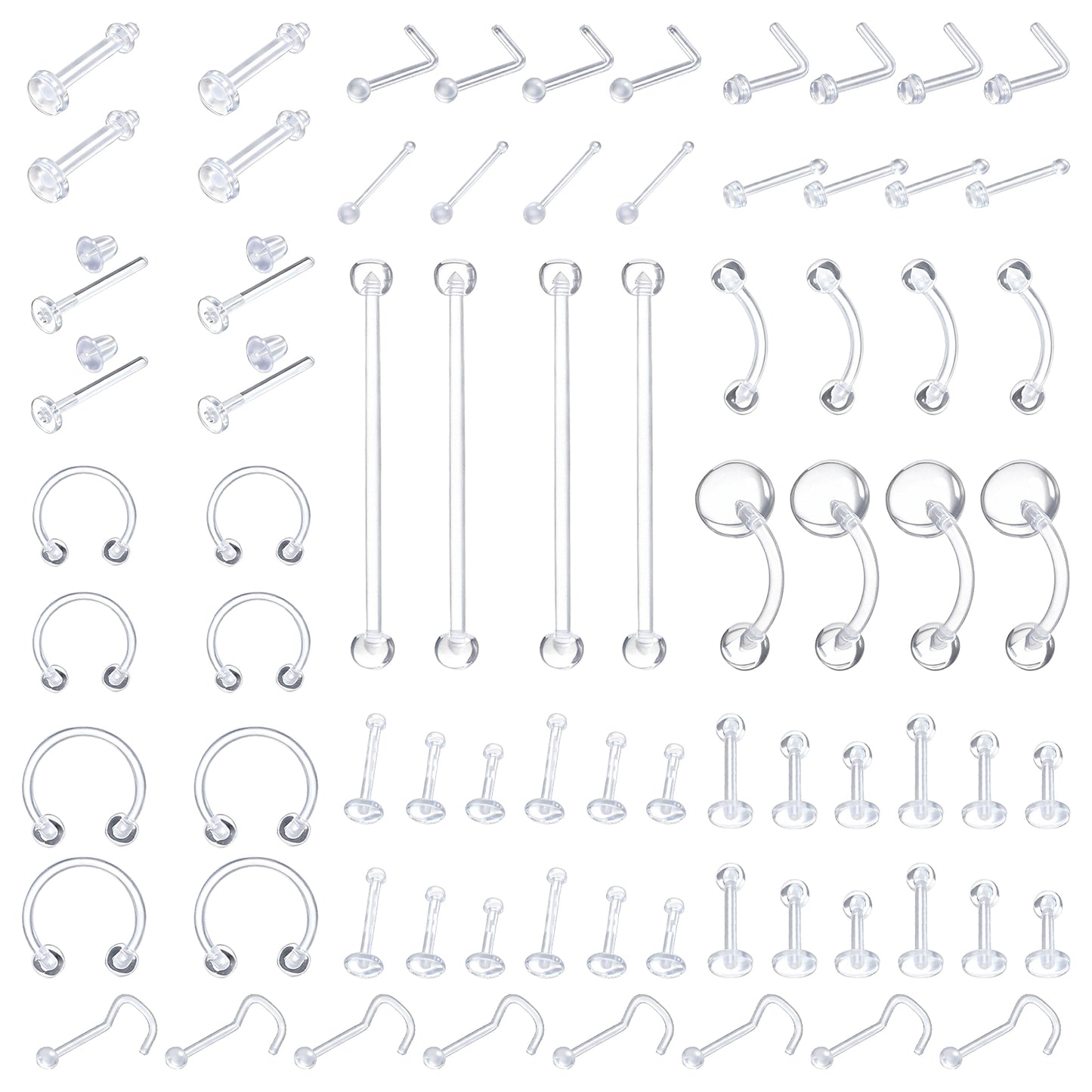 76pcs Clear Piercing Jewelry, Clear Piercing Retainer for Surgery, Transparent Earrings for Sports, Bioflex Nose Rings Eyebrow Piercing Jewelry Horseshoe Nose Ring Nipple Ring Belly Button Rings