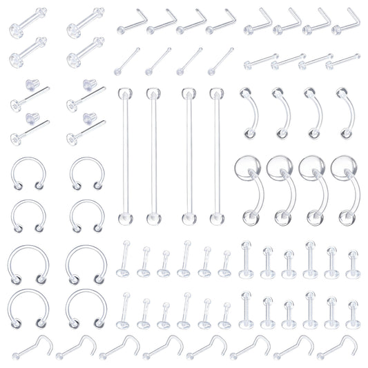 76pcs Clear Piercing Jewelry, Clear Piercing Retainer for Surgery, Transparent Earrings for Sports, Bioflex Nose Rings Eyebrow Piercing Jewelry Horseshoe Nose Ring Nipple Ring Belly Button Rings