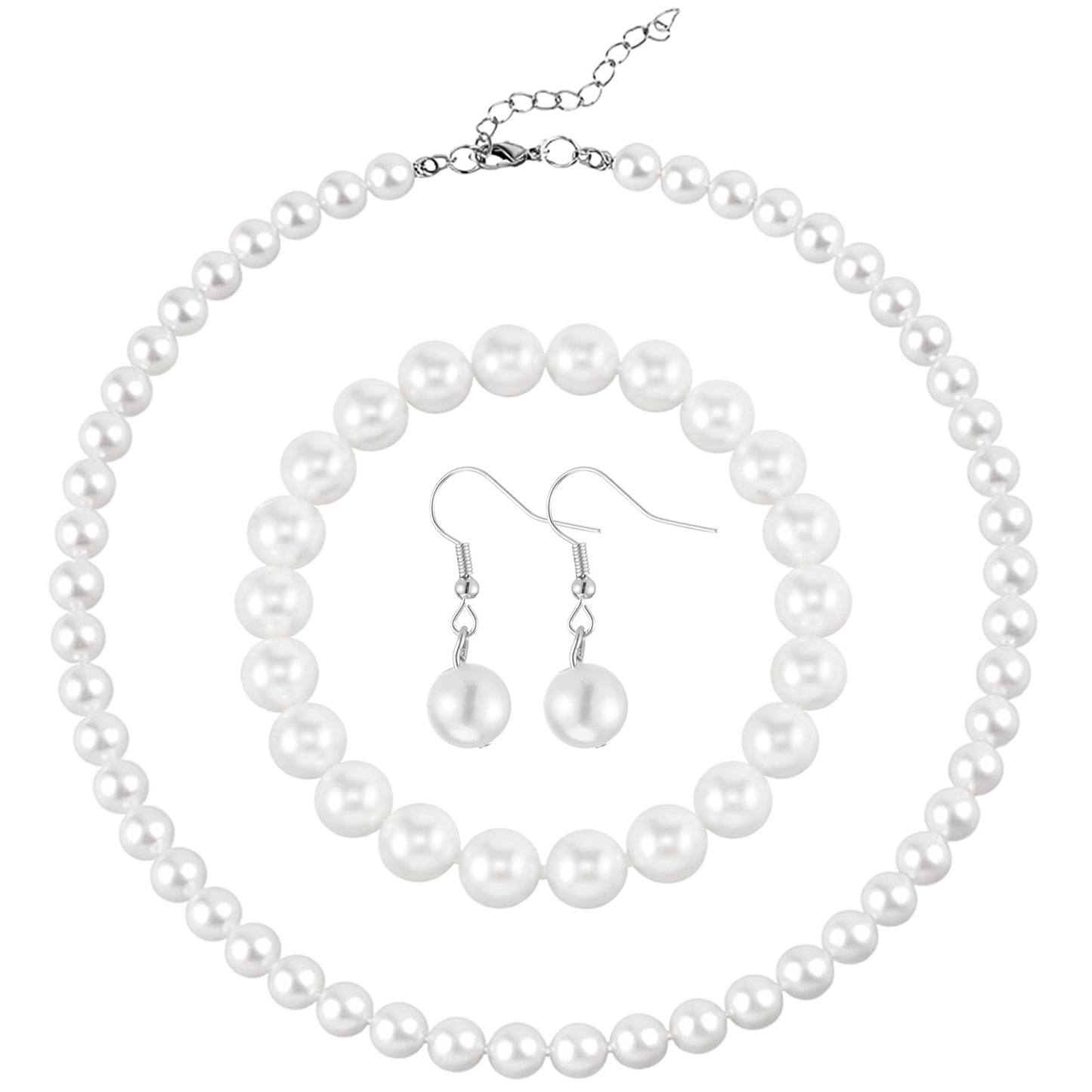 HekouJiub 3 Pcs Pearl Jewelry Set, Including Pearl Bracelets, Pearls Earrings and Pearls Necklaces for Women. Stylish Jewelry Accessories for Brides, Weddings, Mothers, Wives, Sisters, Best Friends