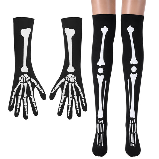 Fiyooau Halloween Skeleton Gloves Thigh High Socks Set