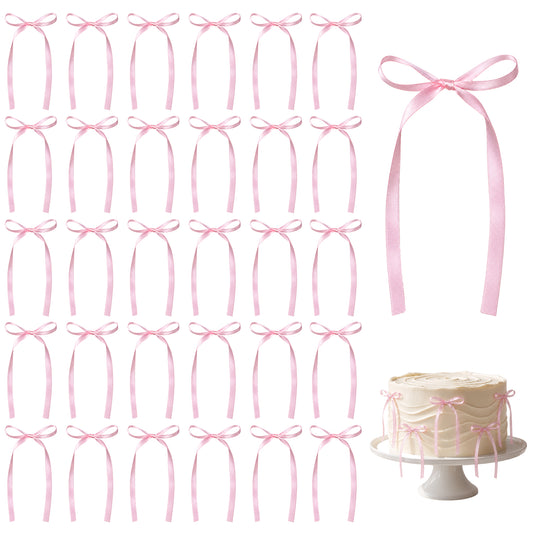 Gemoioio 30 Pink Bows Cake Topper for Wedding Birthday Party Cupcake Decor