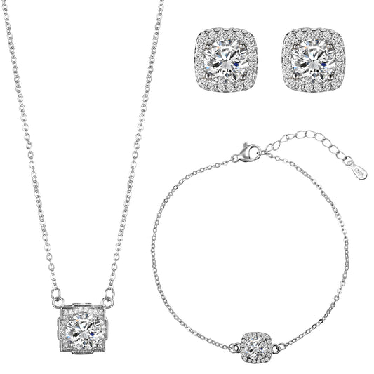 Josojoou 4 Pcs Silver Pendant Necklace Earrings Bracelet Set, Rhinestone Bridal Wedding Jewelry Set Elegant Silver Brides Bridesmaid Prom Costume Accessories for Evening Wedding Party Gift
