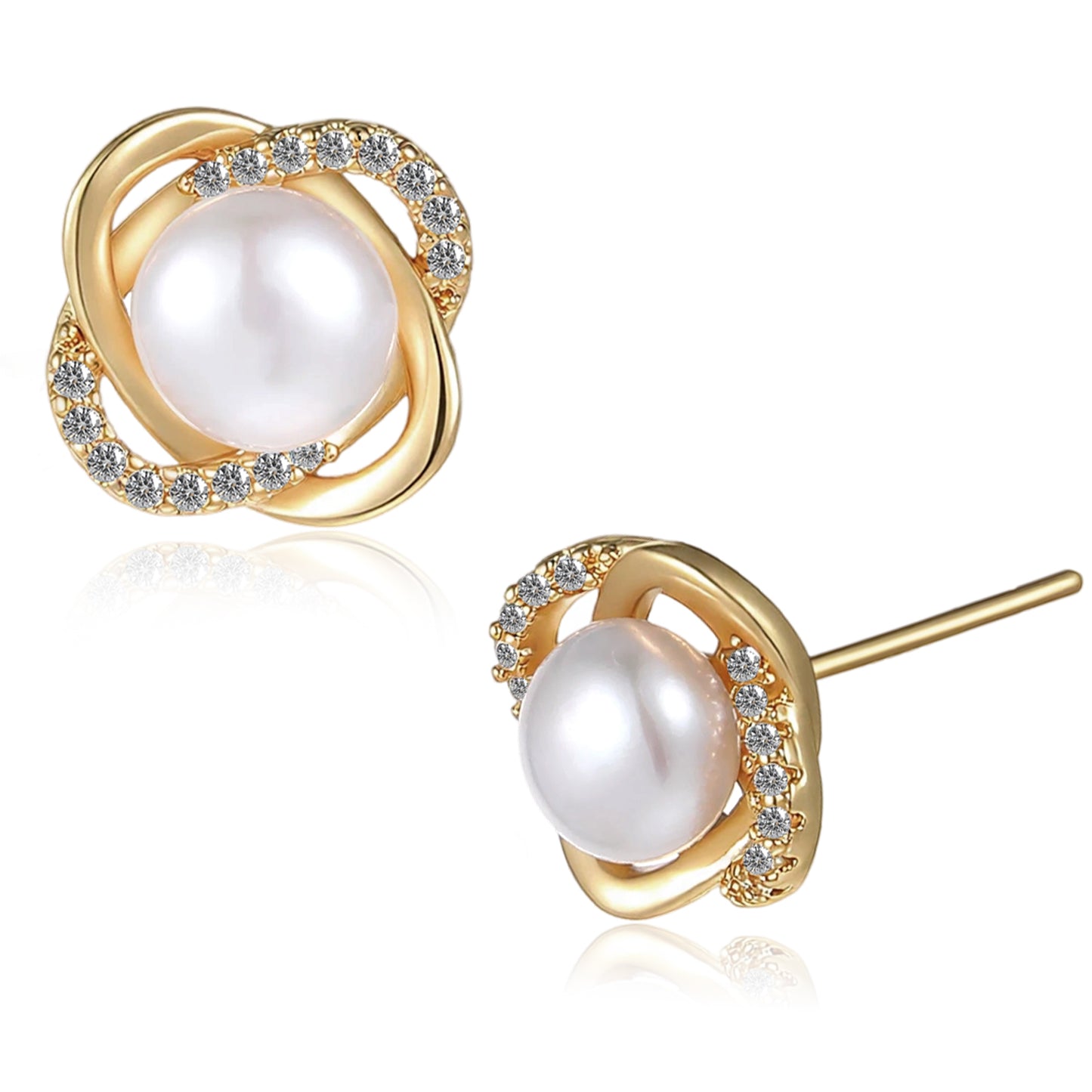 Pearl Earrings Studs 18K Gold Plated - Four Leaf Clover Design Pearl Stud Earrings for Women with Cubic Zirconia - Elegant Jewelry for Women