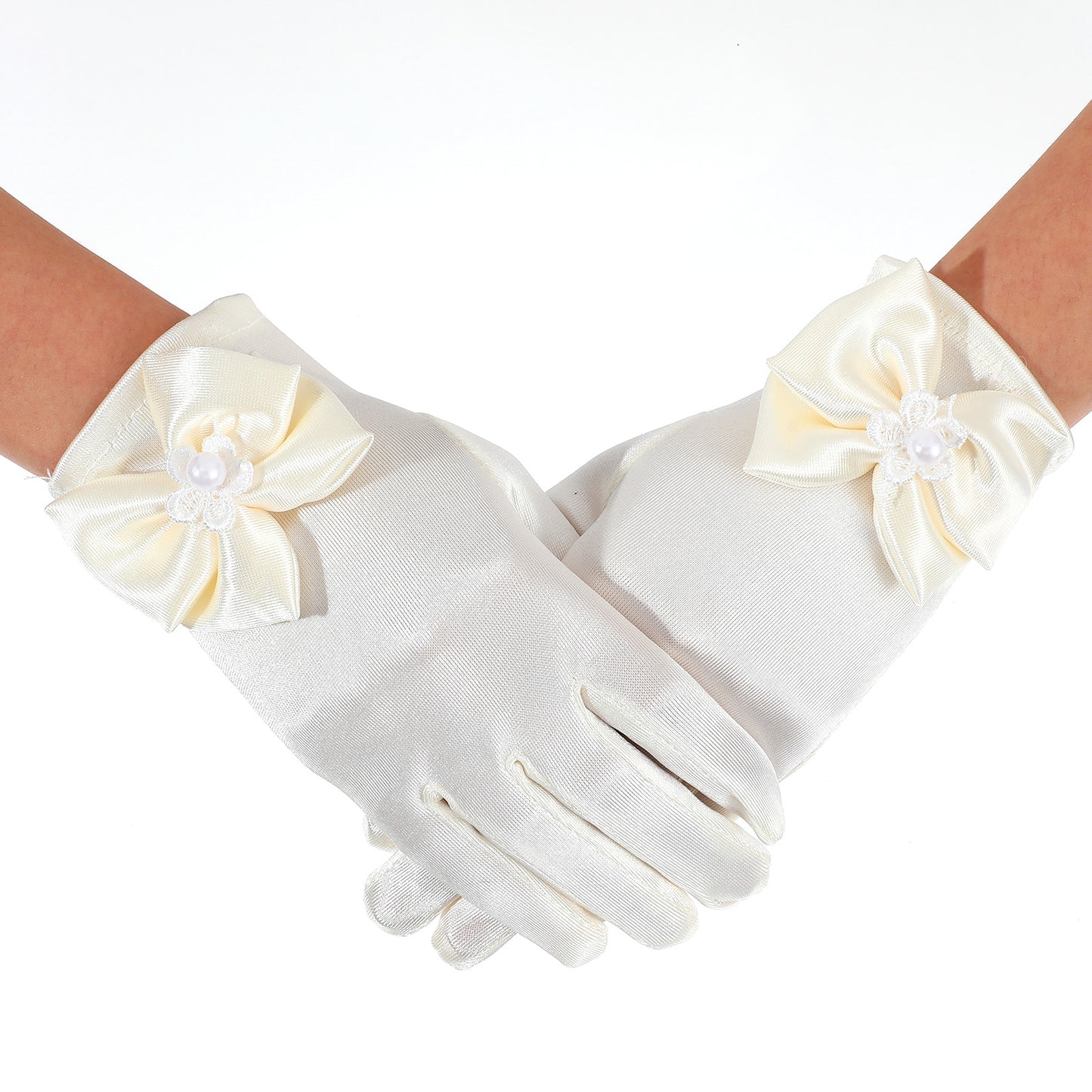 Yolev Little Girls Short Princess Gloves Formal Bows Gloves Wedding Flower Girl's Satin Dress Glove for First Communion Birthday Pageant Holiday Costume Party (Off White)