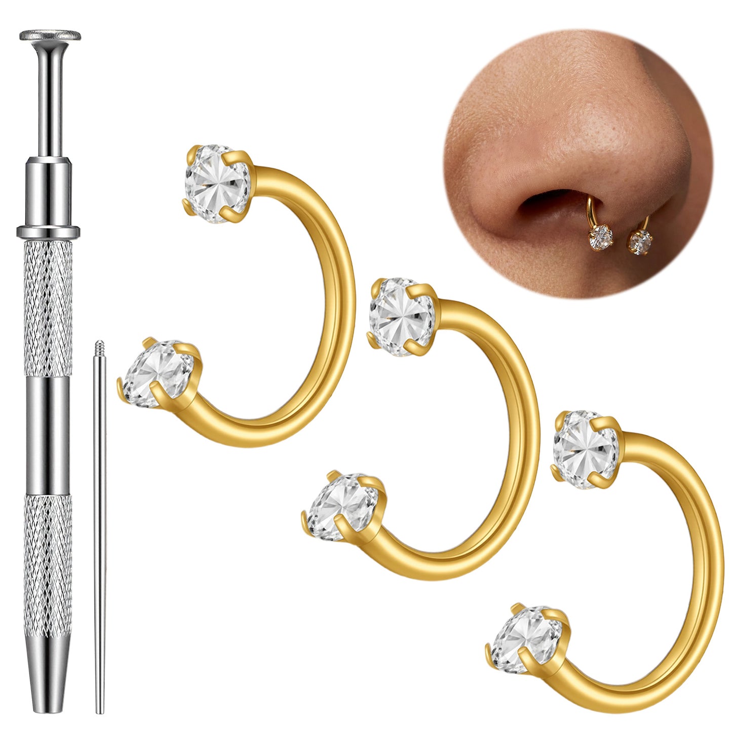 Tucnoeu 5pcs Gold Horseshoe Nose Rings 18 Gauge Nose Hoops for Women Surgical Steel U Shape Double Stud Horseshoe Earrings Helix Piercing Jewelry Septum Rings(gold)