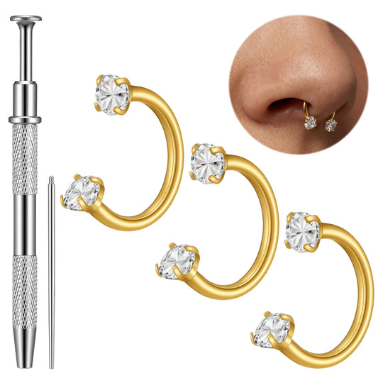 Tucnoeu 5pcs Gold Horseshoe Nose Rings 18 Gauge Nose Hoops for Women Surgical Steel U Shape Double Stud Horseshoe Earrings Helix Piercing Jewelry Septum Rings(gold)