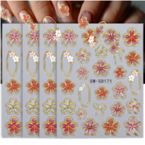 Flower Nail Stickers, 4 Sheets 5D Embossed Flower Stickers for Nails Pink Gold Edge Five-Petaled Floral Bow Decals Spring Summer Nail Art Supplies for Women Girls