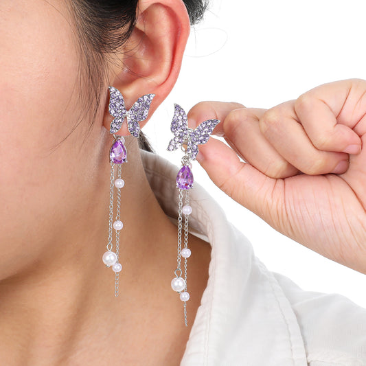 Purple Butterfly Earrings for Women, Dangle Long Butterfly Earrings Sparkle Rhinestone Crystal Tassel Earing for Fairy Dress