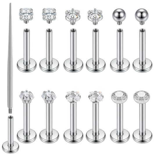 Josojoou 6pairs 16G Labret Piercing Jewelry, Stainless Steel Flat Back Nose Stud with a Guiding Needle, Internally Threaded Lip Rings for Women with Zirconia, Labret Jewelry (8mm)