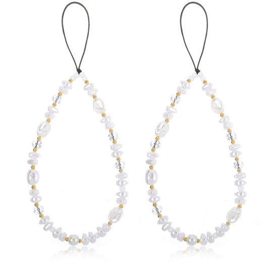 Tucnoeu 2pcs Pearls Crystal Phone Lanyard, Beaded Phone Strap, Anti-Lost Lanyard Beaded Camera Wrist Strap,Pearl Phone Chain,Wrist Lanyard for Phone