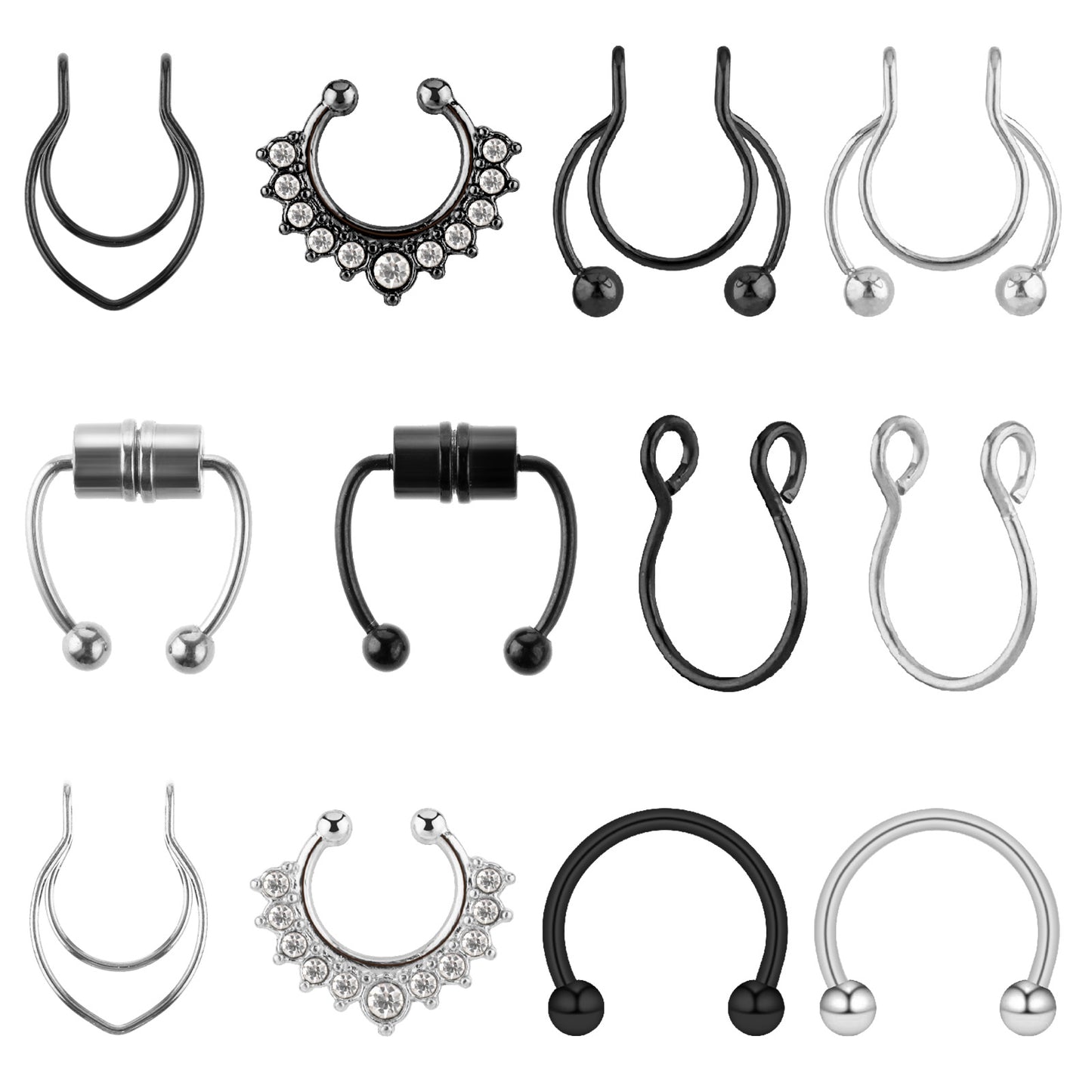 6 Pcs Fake Septum Piercing Stainless Steel Fake Nose Rings Hoops Clip on Lip Rings Non-Piercing Faux Nose Piercing for Women Men Body Jewelry