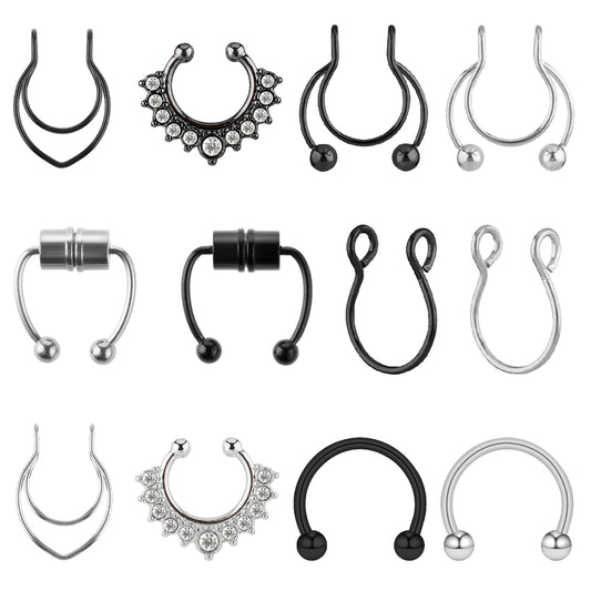6 Pcs Fake Septum Piercing Stainless Steel Fake Nose Rings Hoops Clip on Lip Rings Non-Piercing Faux Nose Piercing for Women Men Body Jewelry