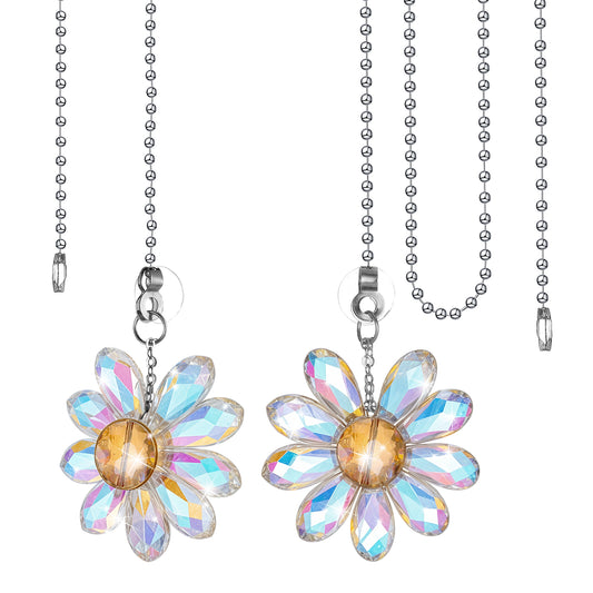 Ceiling Fan Pull Chain, 2 Pieces 1.8" Crystal Glass Flower Pendants with 24" Ceiling Fan Chain Extender and Connector, Decorative Fan Pull Chain for Ceiling Light Fixtures, Bedside Lamps (Crystal AB)