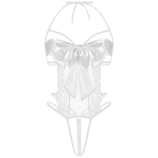 Telooco One Piece Lingerie for Women Lace Teddy Bodysuit Unwrap Me Bow Tie Cutout Strappy Sexy Lingerie Set (White)