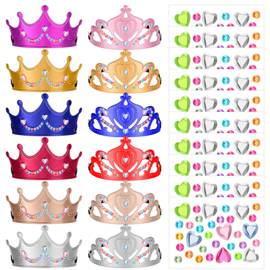 Neyauo 22 Pack DIY Crowns Set Includes 12pcs Non-Woven Fabric Princess Crowns and 10pcs Diamond Stickers for Birthday Party Decorations