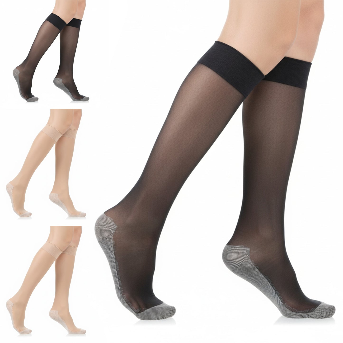 Gemoioio 3Pairs Womens Knee High Stockings, Knee High Nylons for Women, Anti-Slip Sheer Stockings with Reinforced Soles Wide Calf(Black, Nude)
