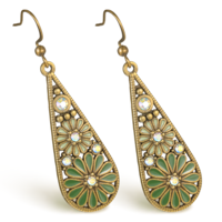 Boho Retro Earrings for Women, Handmade Bohemian Tribal Retro Crystal Teardrop Dangle Drop Earrings, Boho Flower Teardrop Earring, Olive Green