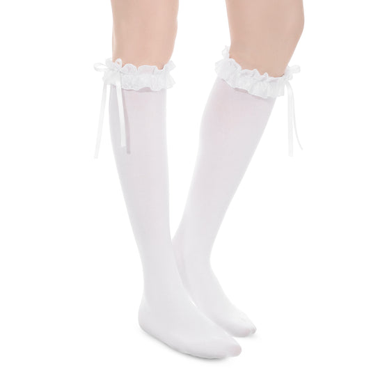 Knee High Socks with Lace Ruffle Trim White Ribbon Bow Over the Knee Socks Cute Lolita Calf Sock for Women Girls