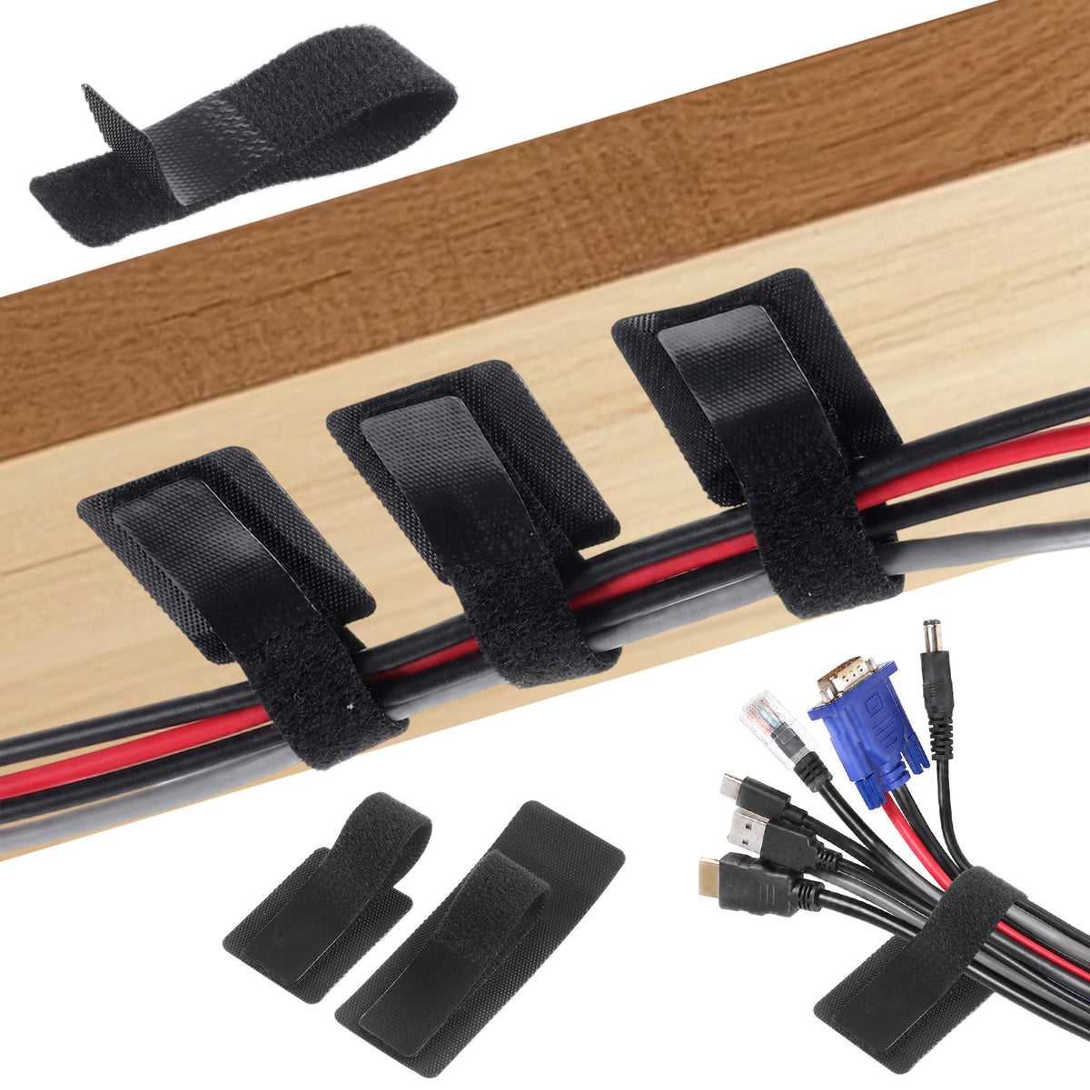 20 Pair Cable Management Under Desk, Heavy Duty Hook and Loop Cable Ties