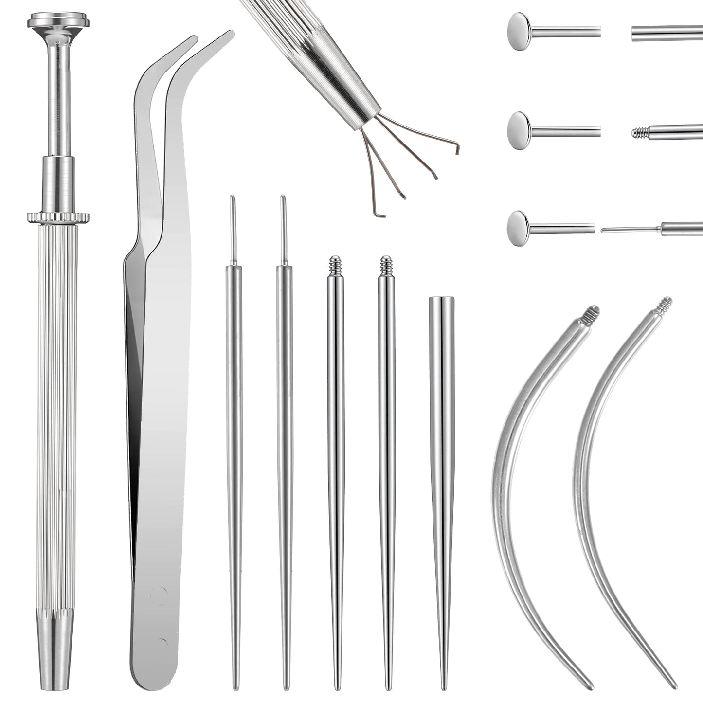 Tucnoeu 16G 18G Ear Piercing Kit, Stainless Steel Flat Back Earring Applicator Tool Threaded, Piercing Taper Ball Grabber Tool Threadless Insertion Pin Thread Body Kit for Nose Lip