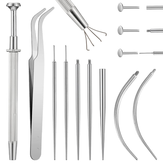 Tucnoeu 16G 18G Ear Piercing Kit, Stainless Steel Flat Back Earring Applicator Tool Threaded, Piercing Taper Ball Grabber Tool Threadless Insertion Pin Thread Body Kit for Nose Lip