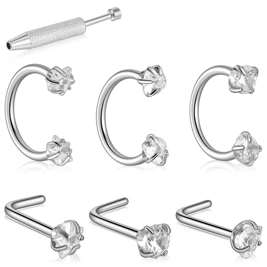 Josojoou 18G Horseshoe Nose Ring Stainless Steel Double Gem Horse Studs Ring Hoop Silver Internally Threaded Piercing for Flat Back Helix Cartilage Lip with Piercing Ball Grabber Tool