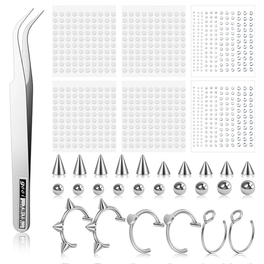 Yolev 26pcs Fake Piercing Balls Fake Eyebrow Rings Lip Labret Nose Studs 3mm/4mm/5mm/6mm Steel Color Piercings Balls With Sticker Tweezers Non-Piercing Nose Rings Hoop Easy to Wear and Remove