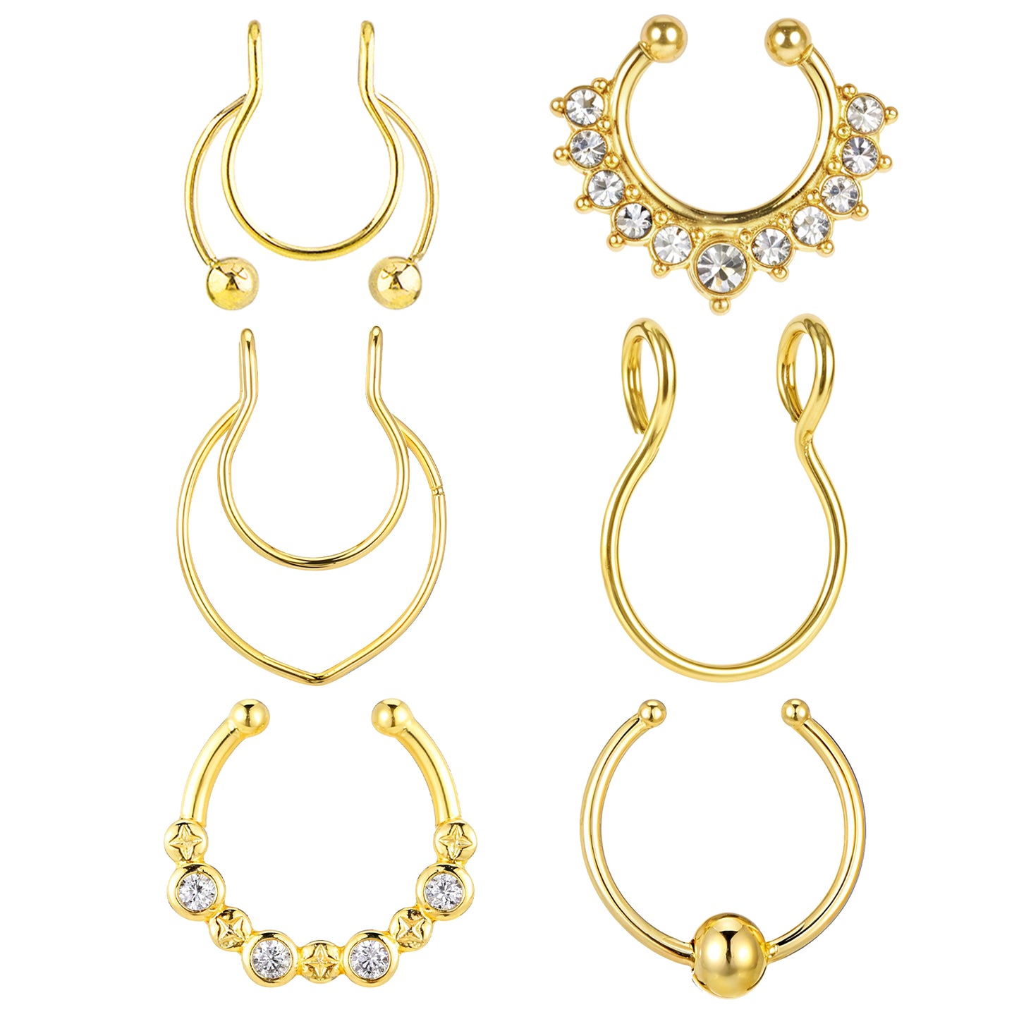 6PCS Fake Piercings Fake Nose Ring Gold Fake Septum Ring Fake Septum Piercing Fake Nose Piercings Fake Nose Ring Clip On Septum Nose Ring Faux Septum Piercing for Women Non Piercing