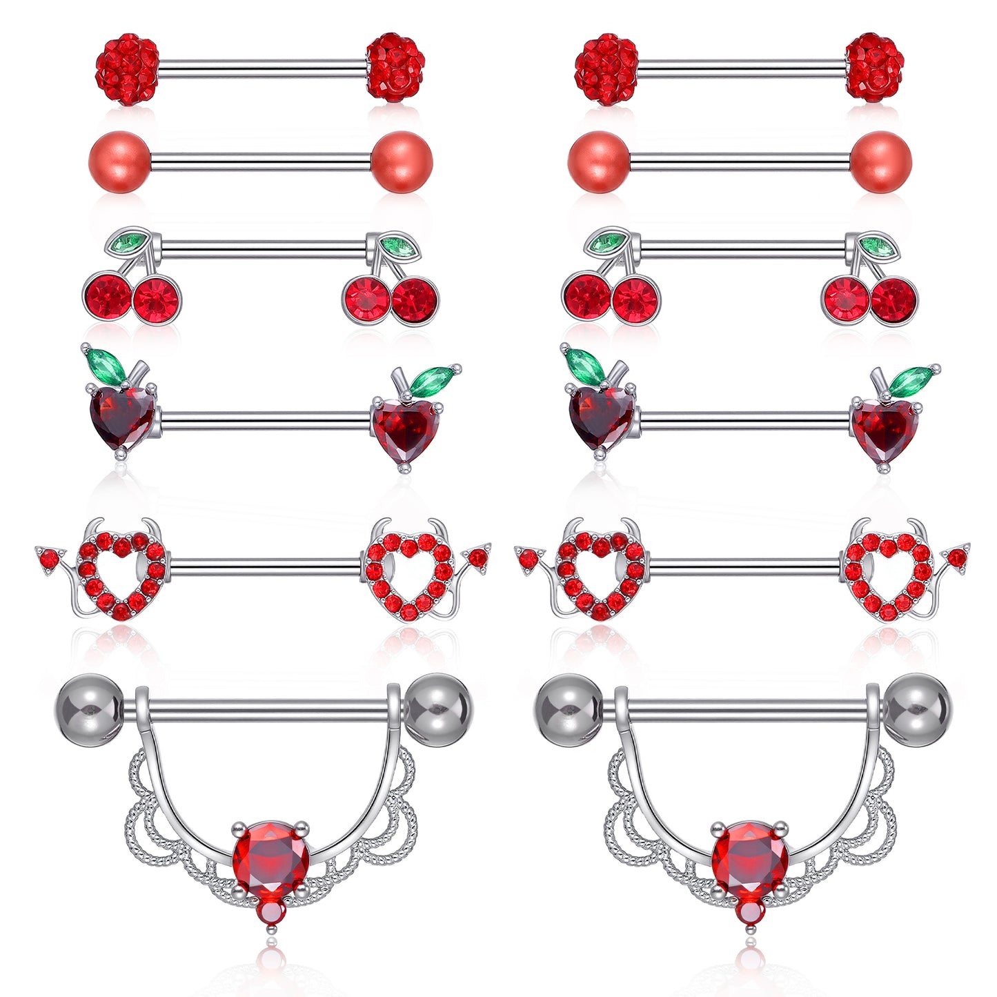 Tucnoeu 6 Pair 14G Nipple Rings for Women, 316L Stainless Steel, Butterfly, Moon, Devil, Flower Nipple Barbell CZ Nipples Rings Set, Cute Nipplerings Piercing Jewelry