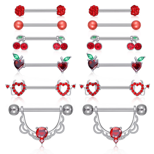 Tucnoeu 6 Pair 14G Nipple Rings for Women, 316L Stainless Steel, Butterfly, Moon, Devil, Flower Nipple Barbell CZ Nipples Rings Set, Cute Nipplerings Piercing Jewelry
