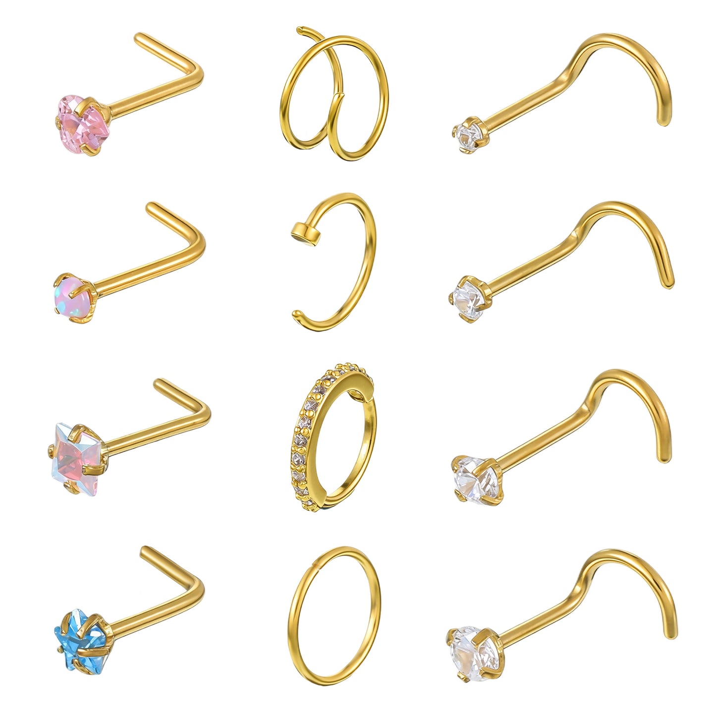 Tucnoeu 20 Gauge Nose Ring Set - 12Pcs 14K Gold Filled Nose Ring Studs & Hoops - Gold Noses Piercing Jewelry for Women & Men