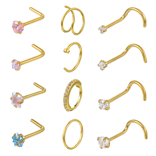 Tucnoeu 20 Gauge Nose Ring Set - 12Pcs 14K Gold Filled Nose Ring Studs & Hoops - Gold Noses Piercing Jewelry for Women & Men