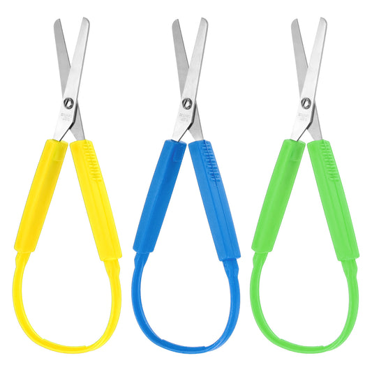 Loop Scissors 3Pcs Adaptive Design Scissor 14cm Colorful Handle Self-Opening Safety Scissors for Kids Children Schools Special Need(Yellow, Green, Blue)