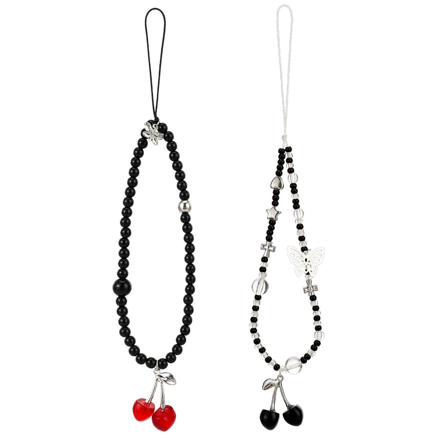 Tucnoeu 2pcs Phone Case Charms,Cherry Phone Charm,Beaded Phone Charm,Cherry Butterfly Cell Phone Lanyard,for Phone Bag Camera Pendants Decor.