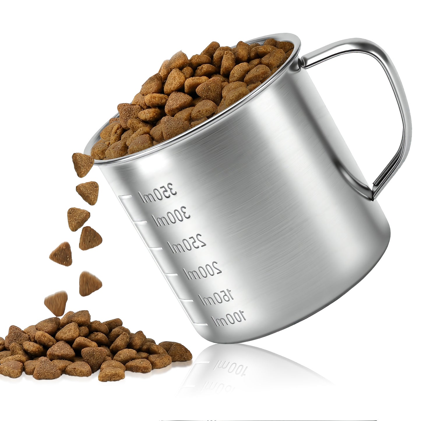 1.5 Cup Dog Food Scoop, Stainless Steel Dog Food Measuring Cup with Handle & ML Scale for Dogs Cats Rabbits Birds(350ML)