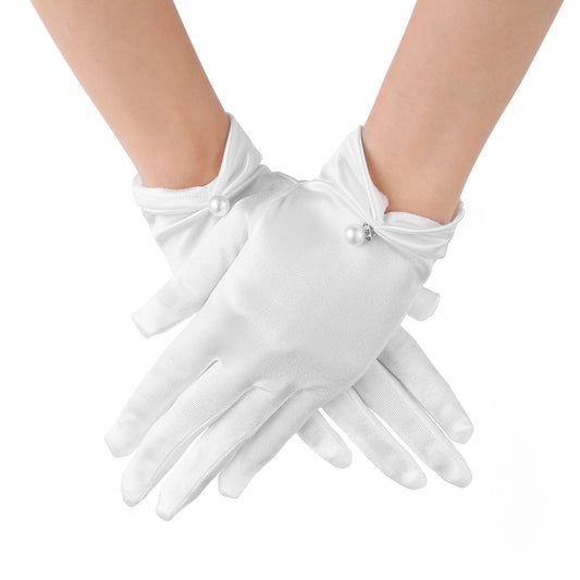 Lusofie White Satin Gloves with Pearly，Short Wrist Length 1920s Bridal Silk Gloves Women， Opera Gloves Women Formal Wedding Banquet Dress for Elegant Gown Tea Party White Dress Gloves