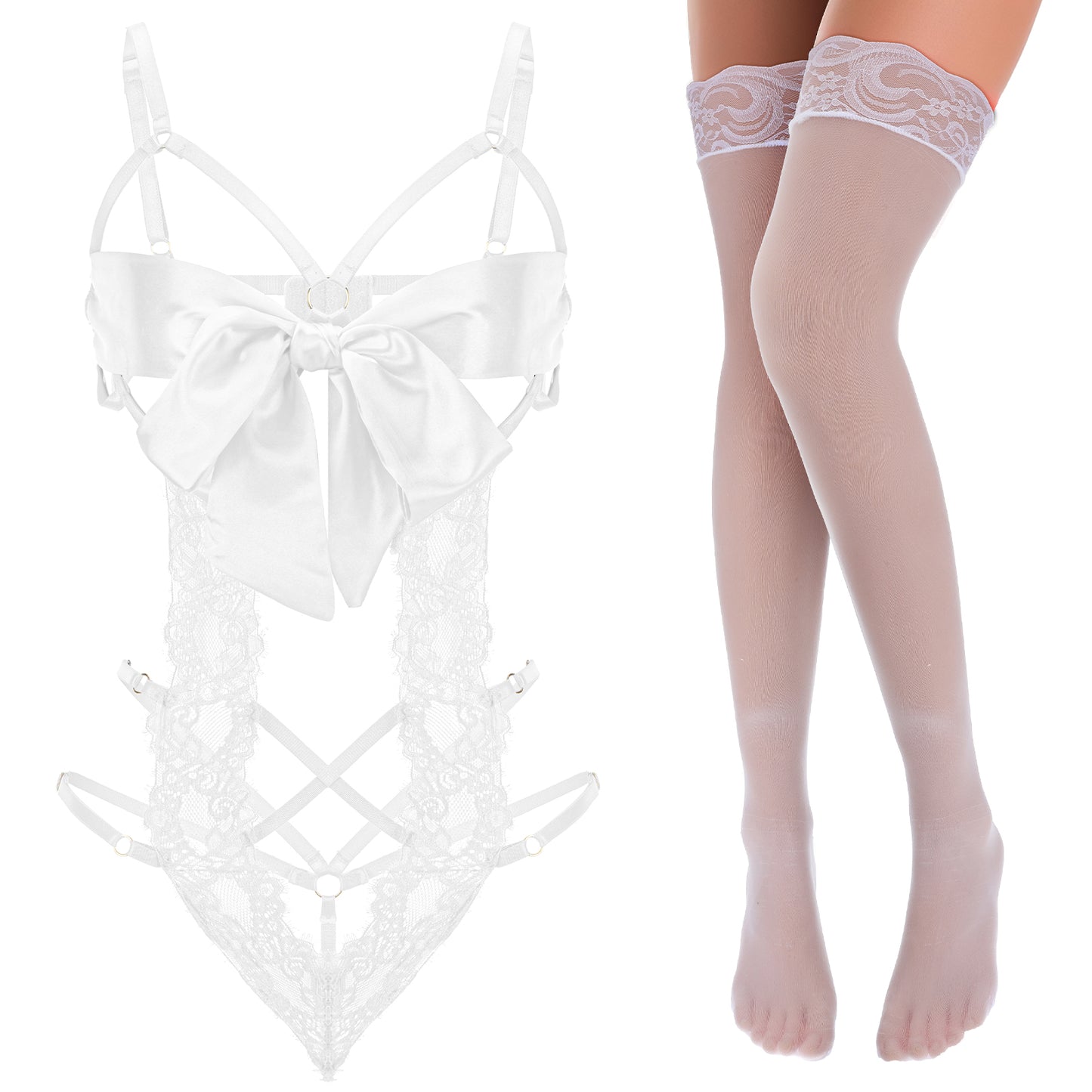 Telooco Women's Sexy Lingerie Set Unwrap Me Bow Tie Lingerie with Lace Stockings Smooth Ribbon Lingerie for Valentines Outfit (White)
