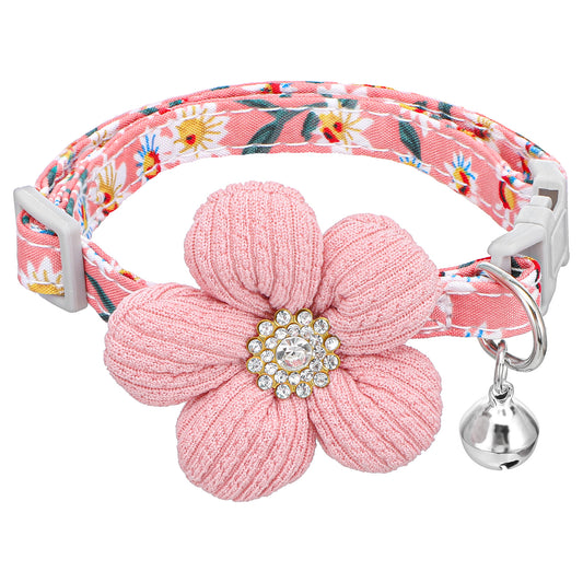 Small Dog Collar with Flower- 8.6-13in Adjustable Pink Puppy Collar and Lead for S-Size Dogs and Cats，Puppy Cholks Spring Pet Collars for Small Medium Large Dogs