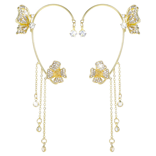 Butterfly Ear Cuff Glitter Zircon Earrings for Women No Piercing Ear Clip Wrap Around Rhinestone Earrings for Wedding Party Christmas Accessories (Gold)