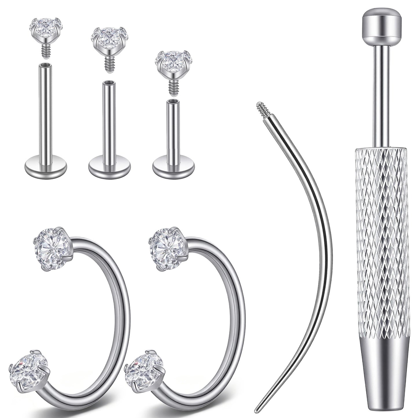 Horseshoe Nose Rings Studs Silver Flat Back Nose Stud with Internal Threaded Piercing Taper and Grabber Tool Zirconia Earrings for Cartilage Piercing Labret Lip Jewelry Helix Tragus Earring Hoops