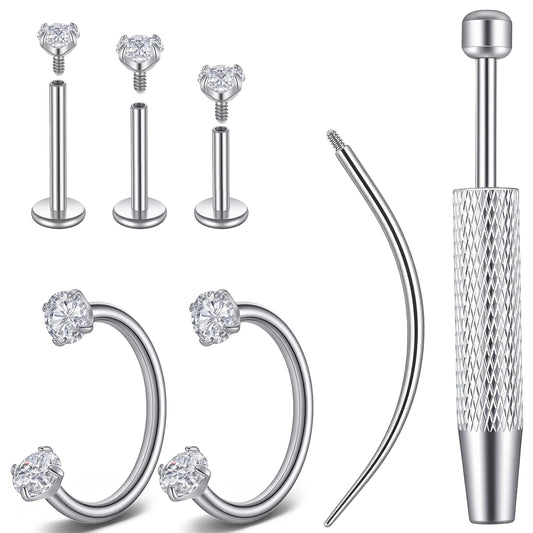 Horseshoe Nose Rings Studs Silver Flat Back Nose Stud with Internal Threaded Piercing Taper and Grabber Tool Zirconia Earrings for Cartilage Piercing Labret Lip Jewelry Helix Tragus Earring Hoops